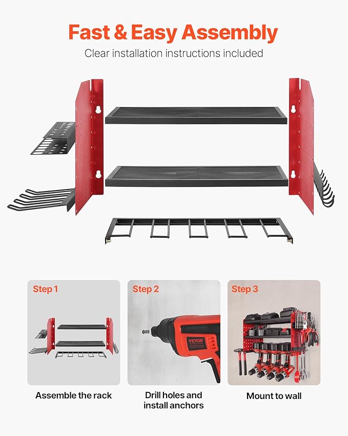 VEVOR Power Tool Organizer Wall Mount, 3-Layer Storage Rack with 4 Drill Holders, Tools Holder and Storage Rack with Side Pegboards, Garage Tool Organizer for Garage, Workbench, and Workshop