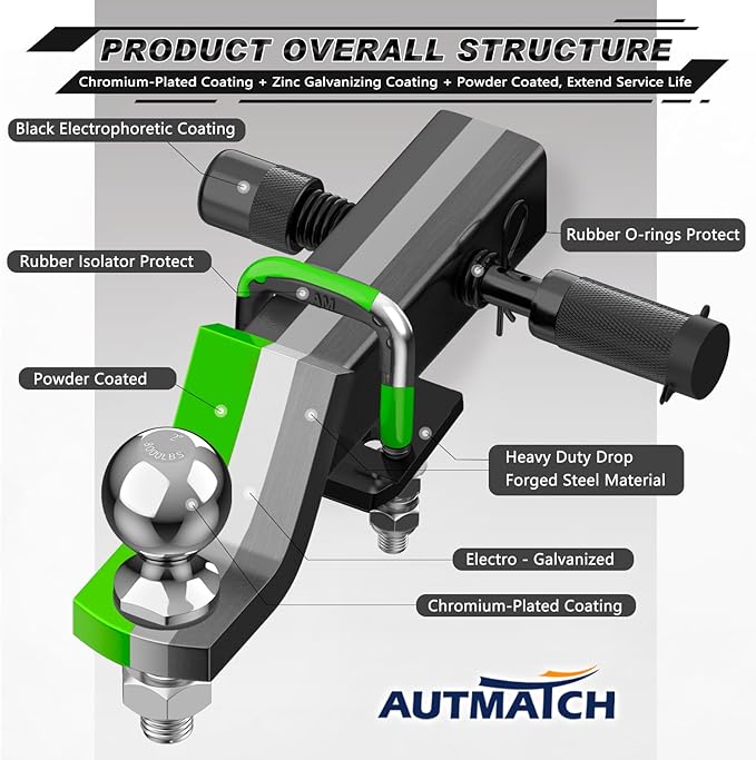 AUTMATCH Trailer Hitch Ball Mount with 2 Inch Hitch Ball - Fits 2" Receiver with Hitch Tightener, 8000Lbs Capacity Ball Hitch, 2-Inch Drop with 5/8" Hitch Lock Pin, Green & Black