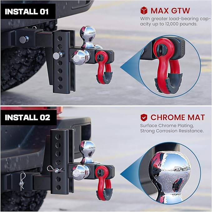 Ayleid Trailer Hitch Tri-Ball Mount with Hook&Pin&Rotatable Tow Shackle,Fits 2-in Receiver with 1-7/8-in,2-in,2-5/16-in Hitch Ball , Adjustable with Shackle