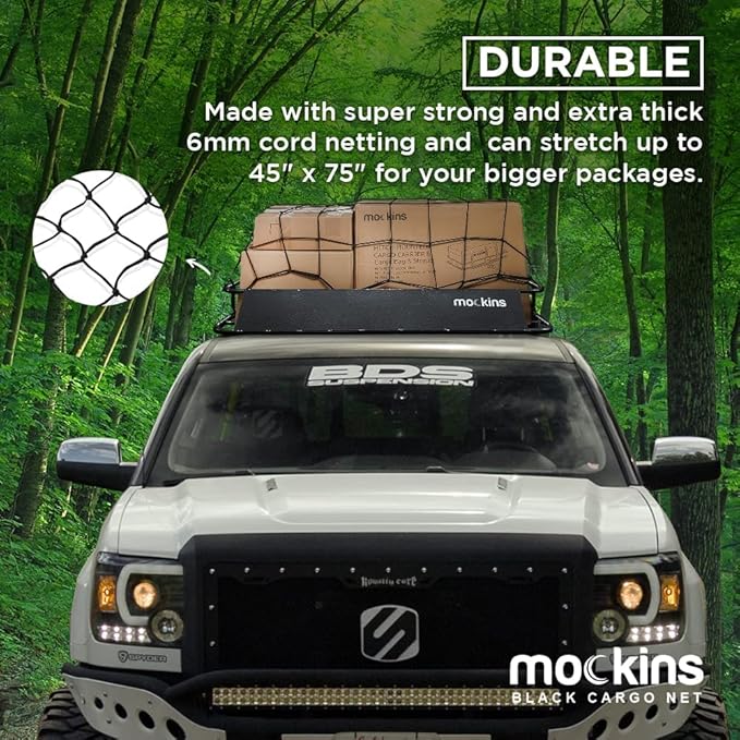 Mockins Black Heavy Duty 20.8" X 36.8" Bungee Cargo Net Stretches to 45" X 75" The Cargo Carrier Net Comes with 10 Hooks and can be Used with Any Car or Van SUV and Truck
