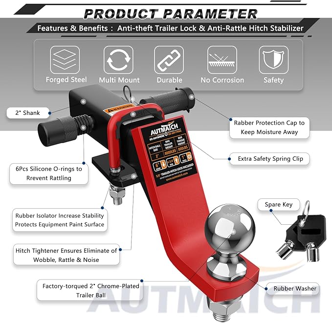 AUTMATCH Trailer Hitch Ball Mount with 2 Inch Hitch Ball - Fits 2" Receiver with Hitch Tightener, 8000Lbs Capacity Ball Hitch, 6-Inch Drop with 5/8" Hitch Lock Pin, Red & Black
