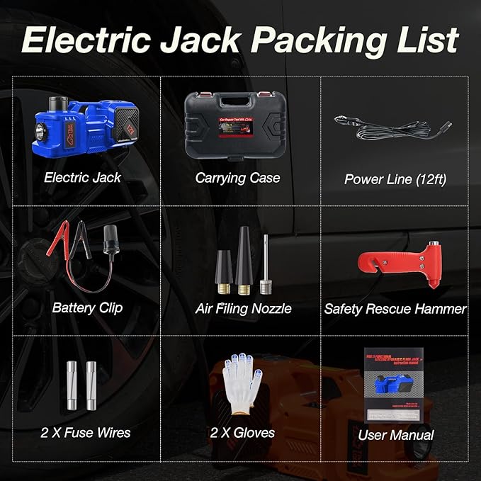 Electric Car Jack Kit with Hydraulic Lift 5-Ton, Tire Inflator Heavy-Duty 12V Floor Jack for Sedans,SUVs,MPVs & Trucks.Ideal for Tire Changes & Garage Repairs (Without Wrench)