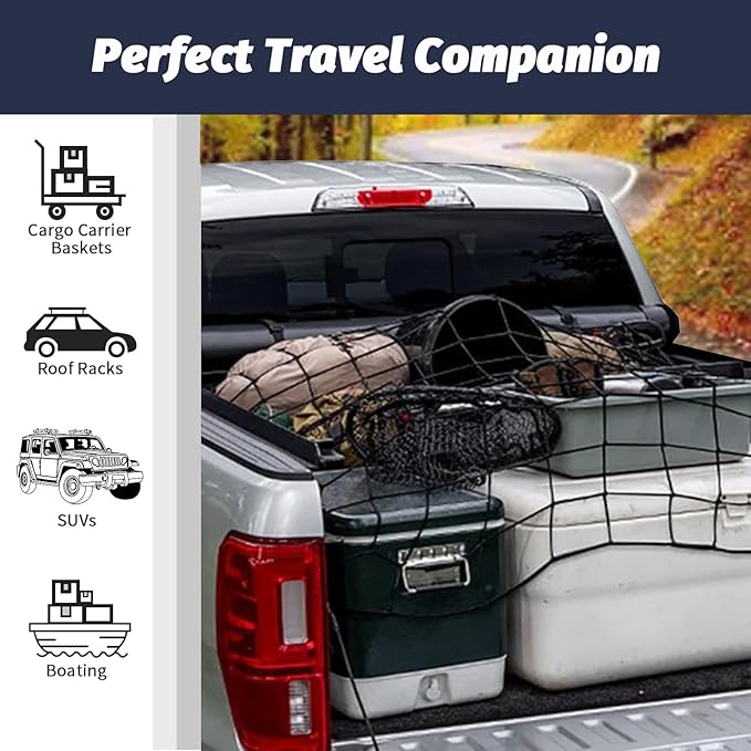 Cargo Net for Pickup Truck Bed 3'x4' Stretches to 6'x8' Heavy Duty Truck Bed Cargo Net 12 Tangle-Free Clip Carabiners and 1 Storage Bag Small 4" x 4" Mesh Universal Car Organizer Net for Large Loads