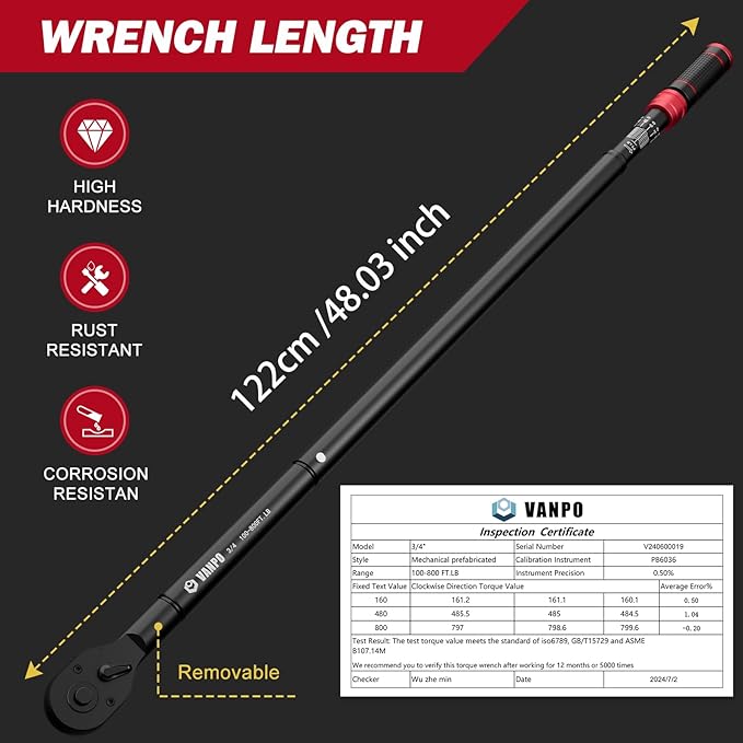 VANPO 3/4-inch Drive Click Torque Wrench, 100-800Ft-Lb/135.5-1084Nm, 48.03'' Length, Dual-Direction, 48-Tooth, Torque Wrench Set with a Hex Key for Car, Truck, Tractor