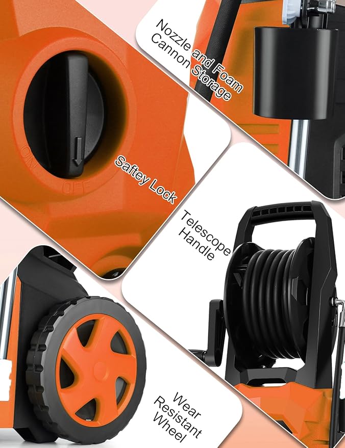 5000PSI Electric Pressure Washer - 2025 New Power Washer with Upgraded 33ft Pressure Washer Hose Reel, Foam Cannon, 4 Nozzle Set, Power Washer for House/Patios/Car/Fence, Orange