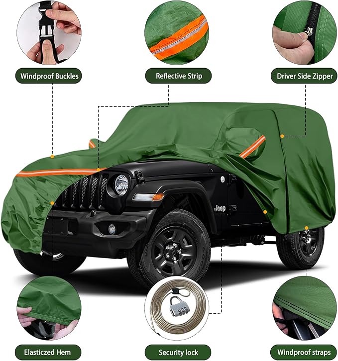 Waterproof Car Covers Replace for 2007-2025 Jeep Wrangler 2 Door, Multilayer Heavy Duty with Cotton Liner All Weather Car Cover with Zipper Door, Windproof Bands for Snow Rain Dust Protection