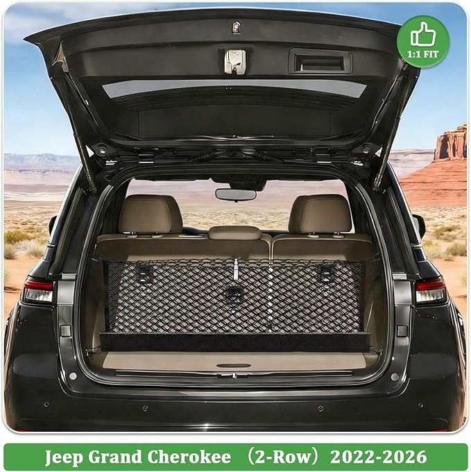 3-Layer Cargo Net for Jeep Grand Cherokee (2Row) 2022-2026, Zipper Bag Trunk Net for SUV, Heavy Duty Oxford Cargo Organizer Storage Nets with Carabiners