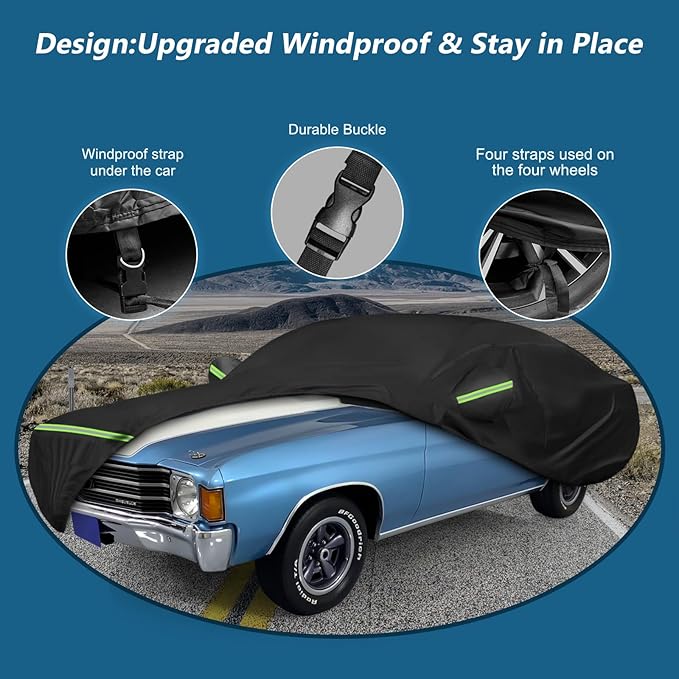 Waterproof Car Covers for Chevrolet Chevelle Malibu SS Sedan/Coupe 1964-1972, 420D Oxford Cloth Sun Heat Protection Outdoor Full Covers with Driver Side Zipper Windproof Heavy Duty All Weather