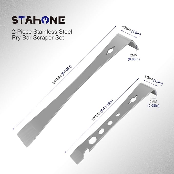 2-Piece Stainless Steel Pry Bar Scraper Set - 9-1/2" Flat Pry Bar and 6-11/16" Mini Crowbar with Socket Wrench, Bottle Opener, Molding, Nail Puller, Scraper and Baseboard Removal Tool