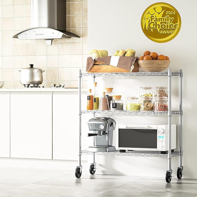 Auslar 3-Shelf Storage Shelves with Casters Heavy Duty 3-Tier Rolling Cart Utility Racks Adjustable Wire Metal Storage Shelving, Chrome