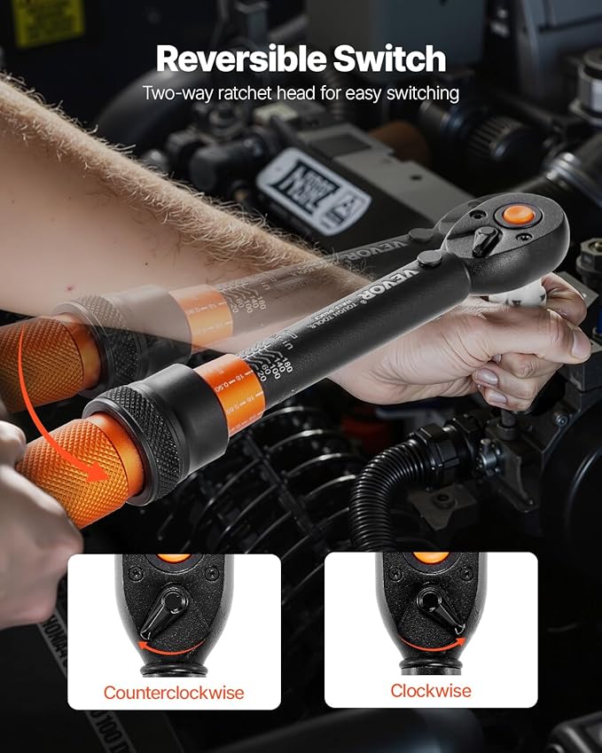 VEVOR 13Pcs Torque Wrench Set, 1/4 Inch Drive, 20-200IN.LB(2.3-22.6Nm), 72-Tooth Click Torque Wrench with Hex/Torx/Sockets, Extension Bars, for Bicycle Motorcycle Maintenance