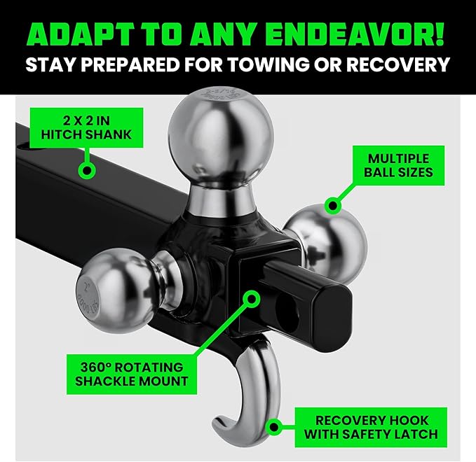 Rhino USA Trailer Hitch Tri-Ball Mount with Hook, Shackle & Locking Pin (2-Inch Receiver) Versatile Tow Hitch Ball Size 1-7/8 Inch, 2 Inch & 2-5/16 - Heavy Duty Truck Towing Hitch (Black)