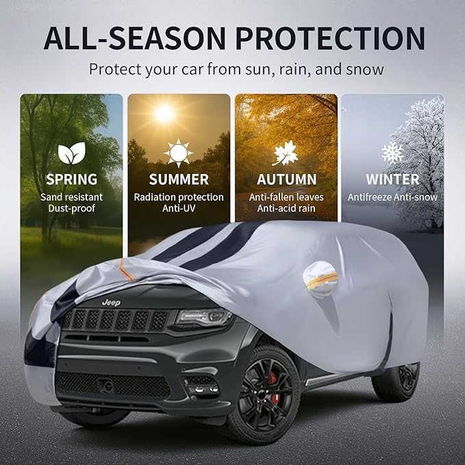 Multi-Layer Car Cover Custom Fit for Jeep Grand Cherokee(2010-2026), 100% Waterproof All Weather for Automobiles, Gift with Towel, Heavy Duty Car Covers for Rain Sun UV Protection with Door Zipper