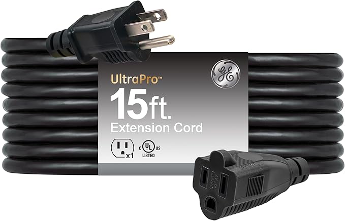 GE Outdoor Extension Cord, Heavy Duty 16AWG 3 Prong Extension Cord Outdoor, 13 Amp 15 Ft Long Power Cable, UL Listed, Black, 50369
