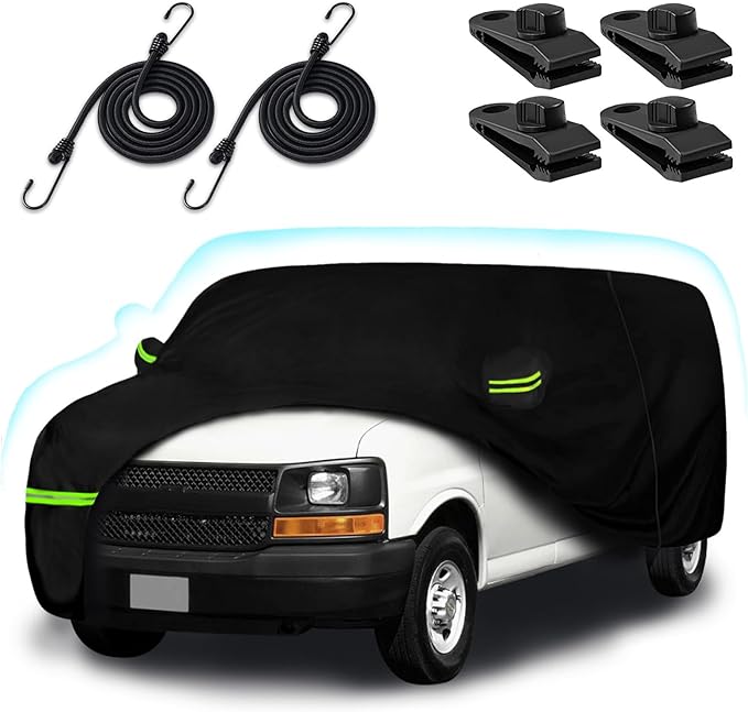 Car Cover for 2003-2025 Chevrolet Express Van/GMC Savana Cargo Van 1500/2500/3500 Regular SWB, Waterproof 210T Sun Rain UV Dust Snow Protection Car Cover with Zipper Door & Windproof Straps