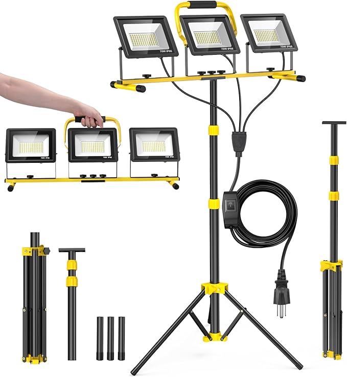 Upgraded LED Work Lights with Stand, 21000 Lumen 3-Head Adjustable Work Light, IP66 Waterproof Construction Tripod Light, Foldable & Portable Work Lights for Garage, Job Site, Outdoor Use