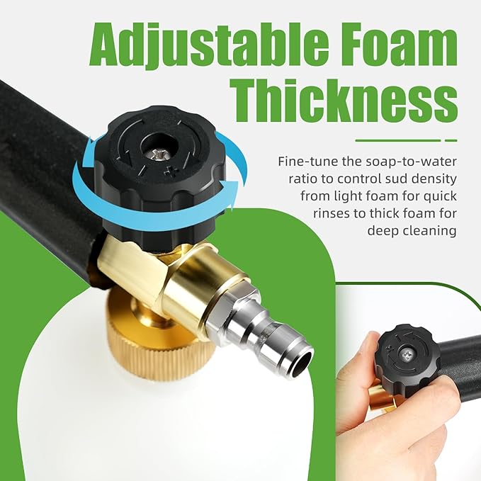 Foam Cannon for Pressure Washer- 1L Bottle Car Wash Foam Cannon Lance- Adjustable Pressure Washer Soap Dispenser for Car Washing- 1/4” QC Fitting