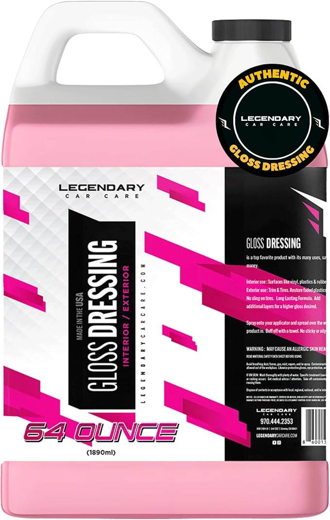 Legendary Gloss Dressing 64oz (Half Gallon) - Tire Shine Spray & Plastic Restorer – Water Based & Non-Greasy Interior/Exterior Detailing Spray - Trim, Rubber, Vinyl & Plastic Restorer for Cars