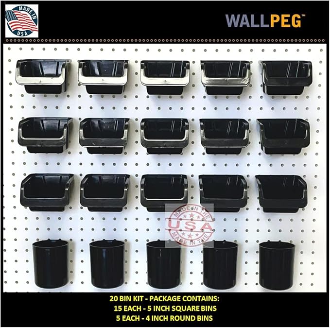 WallPeg Pegboard Bins & Cups - 15 each 5" Bins and 5 each 5" Cups - Hooks to Peg Board Panel Organize Hardware Arrange Accessories Workbench Tool Organizer Garage Storage -MADE IN USA-