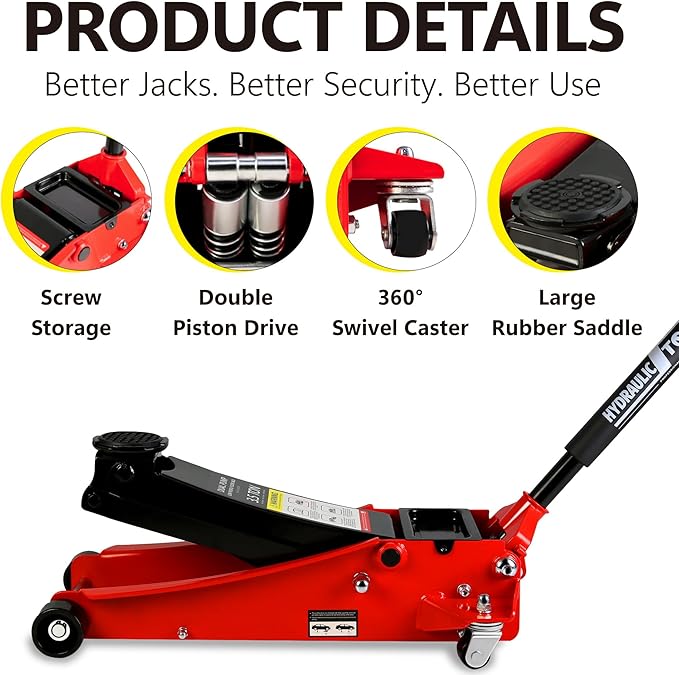 Floor Jack, Low Profile Steel Heavy Duty Hydraulic Trolley Racing Car Jack with Dual Piston Quick Lift Pump, 3.5 Ton (7000 lbs) Capacity, Lifting Range 4"-21", Red