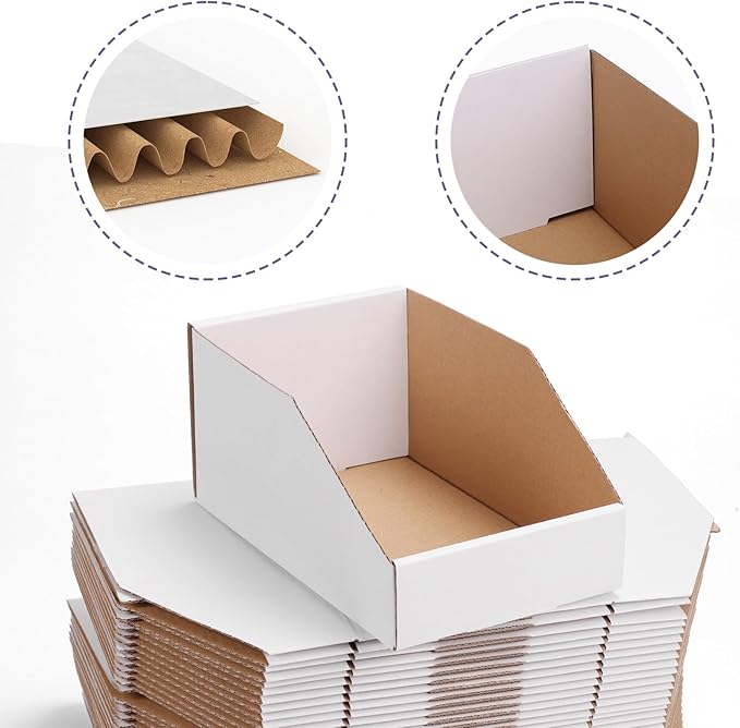 EXYGLO Cardboard Storage Bins 35 Pack, 9.4x6x4.5 Inch Cardboard Boxes, Corrugated Organizer Bins for Pantry, Shelves, Garage, Office, Shop, White