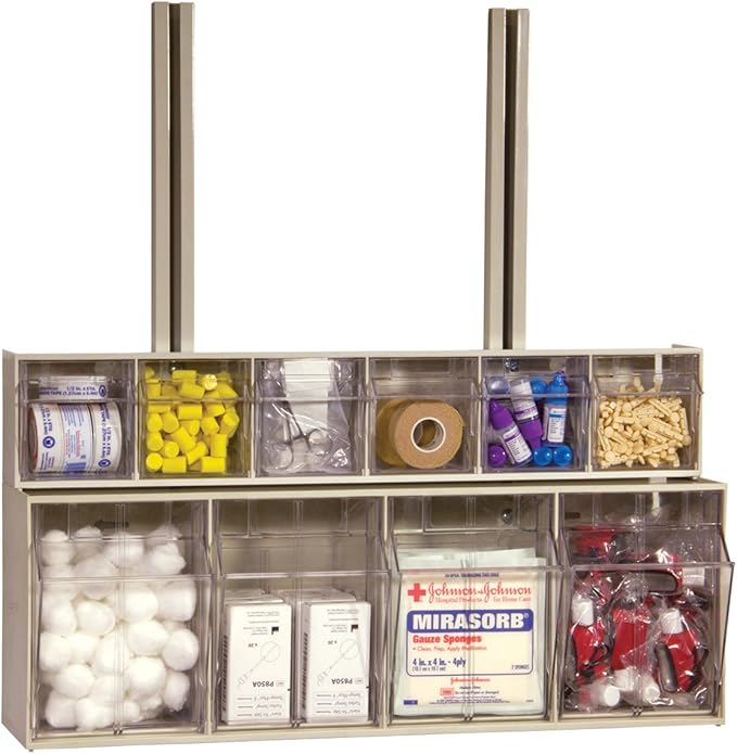 Akro-Mils TiltView Plastic Storage Cabinet with 4 Tilt Out Bins, Horizontal Plastic Parts Organizer, Teacher Toolbox, and Office Supply Organizer, 23-5/8" W x 8-3/16" H x 6-3/4" D, Stone