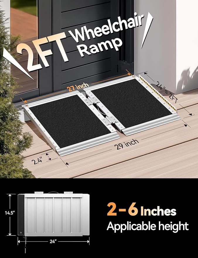 FACHNUO 2 Feet Portable Wheelchair Ramp, Non-Skid Aluminum Handicap Ramps with Handle, Folding Threshold Wheel Chair Ramp for Home Steps, Stairs, Entry, Threshold, Doorways, Scooter, 800LBS Capacity