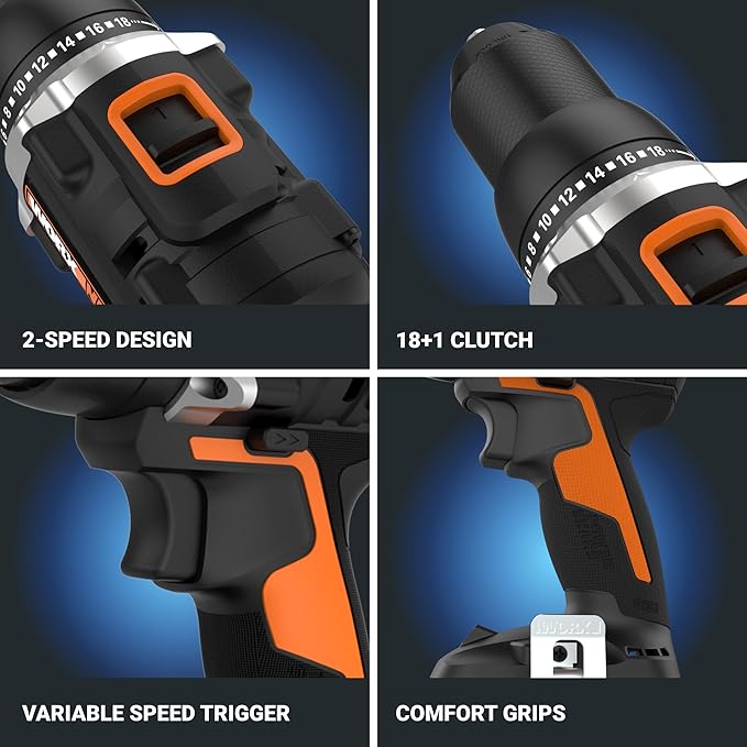 Worx WX102L Nitro Cordless Drill/Driver, Battery Included, 20 V, 2 Ah, 1/2 in Chuck, Ratcheting Chuck