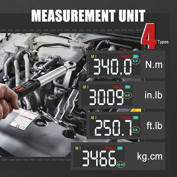 VANPO 1/2-Inch Digital Torque Wrench, 12.5–250.8 ft-lb/17–340 Nm, Precise Electronic Torque Wrench with LCD Display, Audible & Vibration Alert, 4 Units, Peak & Track Mode for Car & Mechanic Repair
