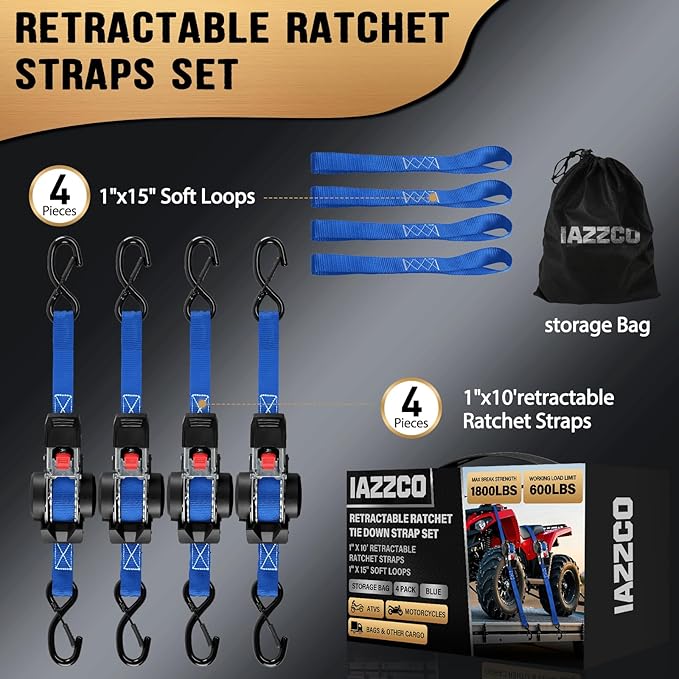 10FT Retractable Ratchet Straps(4-Pack) - 1 Inch (1800 LB Break Strength) Heavy Duty Self Retracting Ratchet Straps with Soft Loops & Storage Bag for Household, Motorcycle, Truck, ATV(Blue)