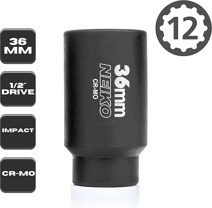 NEIKO 02527A 36mm Socket | 1/2” Drive Deep Impact Socket | Spindle & Axle Nut Socket | 12 Point |Chrome Molybdenum Cr-Mo |Deep Well Hub | Triple Square | Axle Shaft Nut Remover
