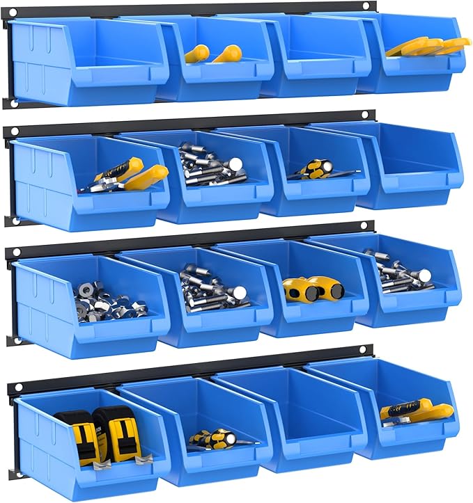 TORACK Wall-Mounted Storage Bins, 16 Plastic Bins for Tools Organization in Garage, Craft Room, and Shop(4-Pack, Blue)