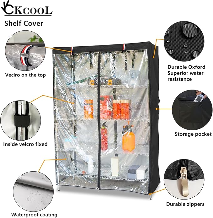 okcool Waterproof Shelf Cover,600D Heavy Duty Wire Shelving Unit Cover,Shelf Display Rack Protector Cover with Zipper,One Side See Through Panel.(Black,Fits 36" Wx18 Dx72 H Shelves)