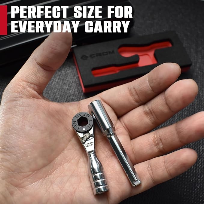 CROM 1/4-inch Mini Ratchet Wrench - Use As 1/4 Bit Ratchet, Extender, T-Handle Or 4-Inch Micro Ratchet, Reversible Switch, Magnetic Bit Retention, Small EDC Wrench To Fit In Tight Space