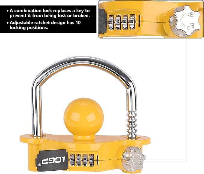 LCGP Yellow Trailer Hitch Lock with Combination Lock, Fits 1-7/8,2 and 2-5/16 Inch Couplers,Adjustable Storage Security, Heavy-Duty Steel