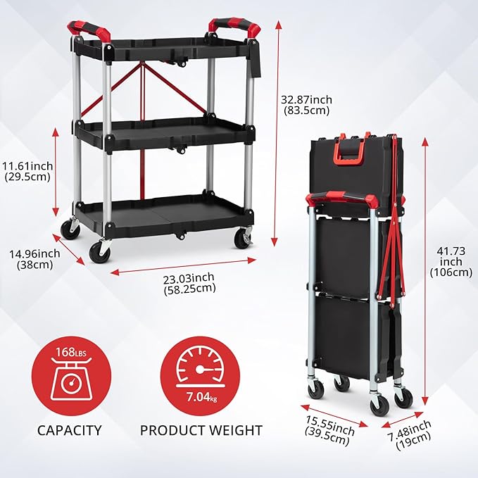 PioneerWorks Folding Utility Service Cart, Collapsible Cart with Wheels, 3 Tier Rolling Utility Cart, Folding Cart with Wheels Collapsible, Service Cart for Tool, Grocery, Bar, Garage, Kitchen, Office