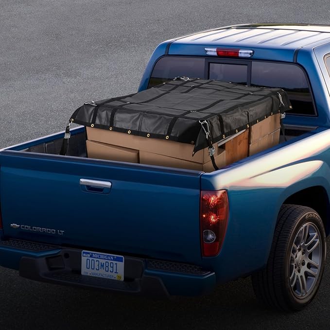 VEVOR Waterproof Cargo Net, 72 in x 57 in, Heavy Duty Truck Cargo Net-(WLL) 700lbs, 4 Adjustable Straps with Carabiners & S-Hooks, Truck Bed Cover for Trailer, Pickup, Boat, Jeep, SUV 4.75' x 6' ft