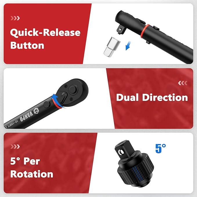 VANPO Torque Wrench 3/8-Inch Drive 10-100 Ft-Lb/13.6-135.5Nm Click Type for Motorcycle, Car & Small Machinery Maintenance - TPR+ABS Handle, ±3% Precision, 72-Tooth Ratchet,with Portable Case