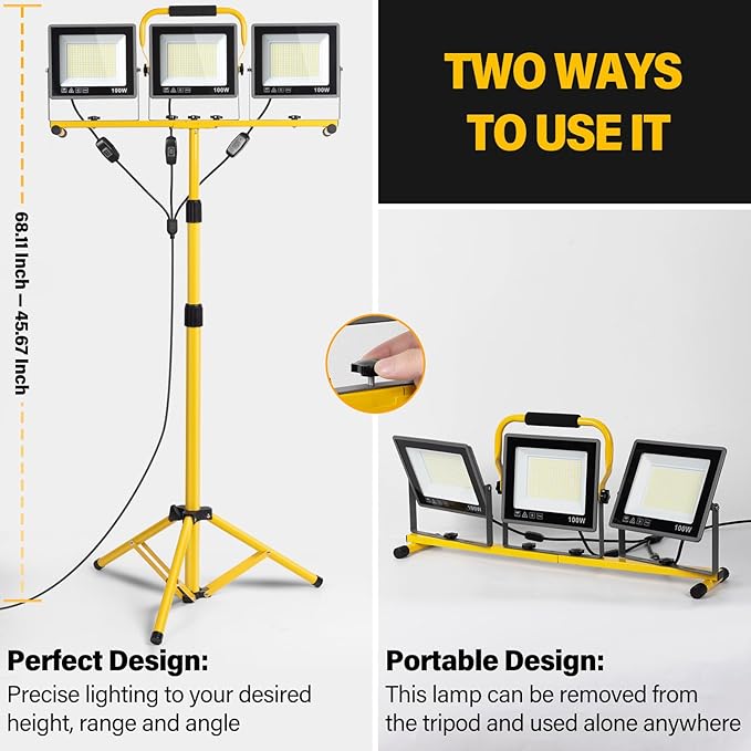 Portable LED Work Lights with Stand, 31000 Lumen 3 Head Work Lights with Individual Switch (3000K/5000K/6500K Selectable) & 16.5FT Cord, IP66 Waterproof Foldable Tripod Stand Worklights for Outdoor