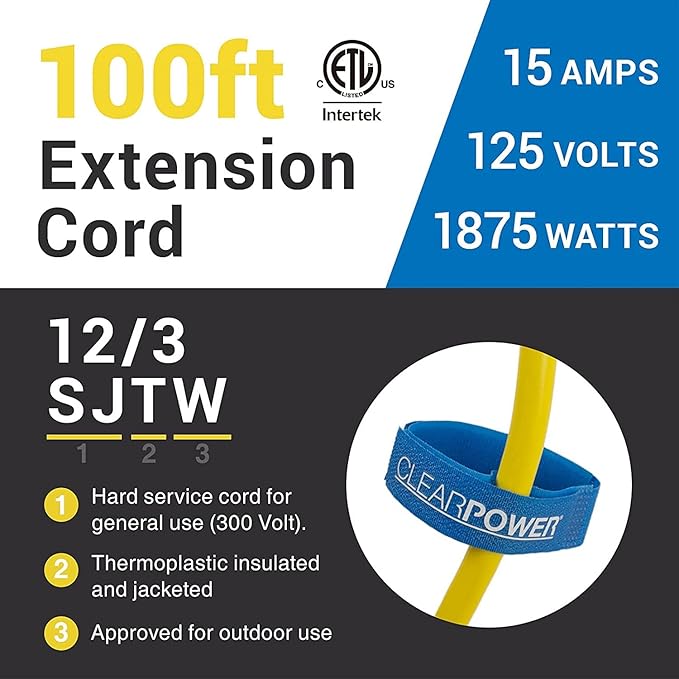 Clear Power 100 ft 12/3 SJTW Heavy Duty Outdoor Extension Cord, Water & Weather Resistant, Flame Retardant, Yellow, 3 Prong Grounded Plug, CP10146