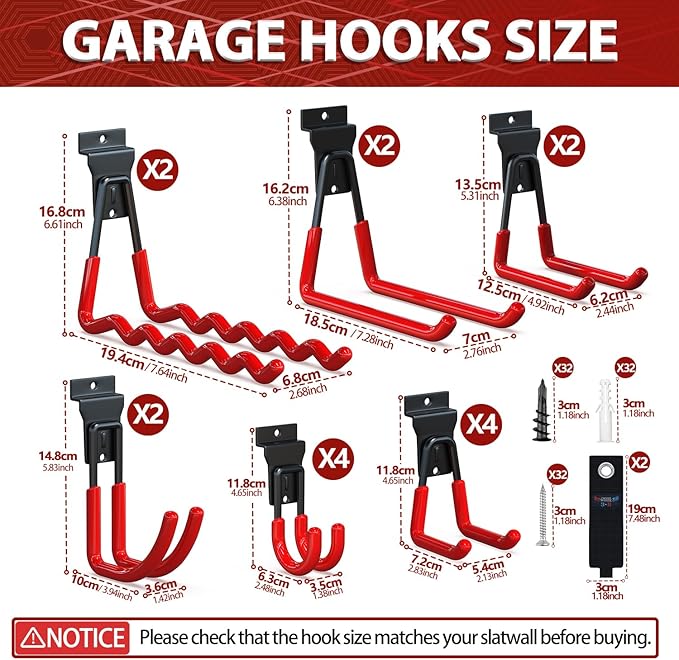 3-H Slatwall Hooks 18 Pack Heavy Duty Multi Sizes, Slatwall Accessories & Hangers Compatible with Proslat Handiwall Crownwall StoreWALL, Garage Slat Wall Hooks for Tools & Daily Items(Red)