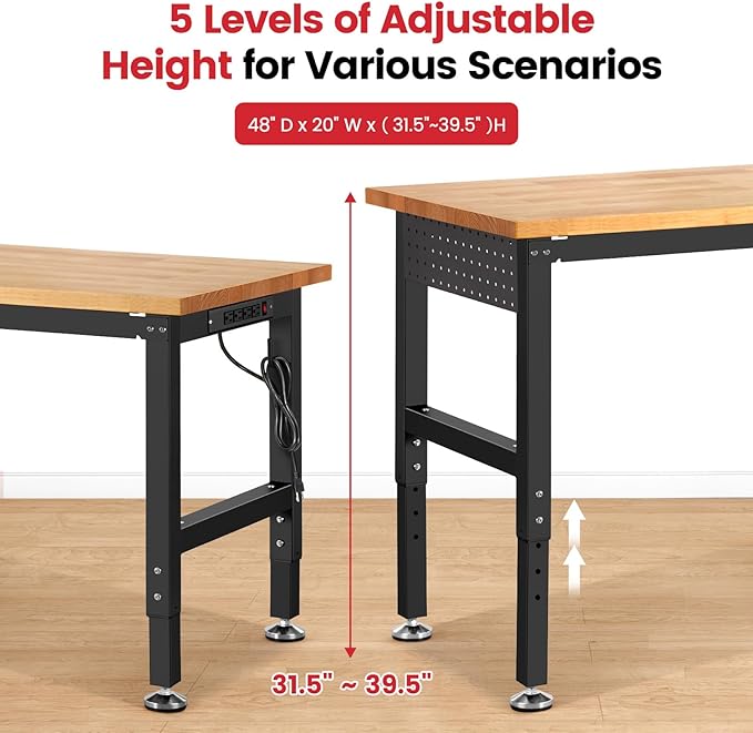 ENJOYWOOD 48" x 20" Garage Workbench Adjustable Height Work Table with Pegboard Heavy Duty Rubberwood Top Work Bench for Workshop, Office & Home