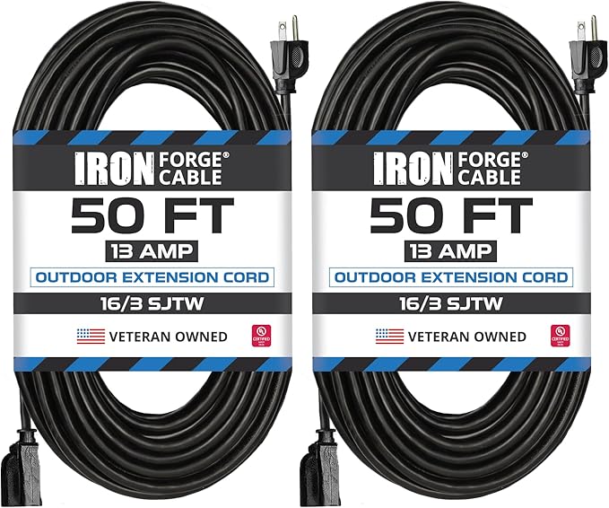 Iron Forge Cable 2 Pack 50 Ft Black Extension Cord, 16/3, 50 Foot Extension Cord, 3 Prong, Weatherproof - Great for Outside Use