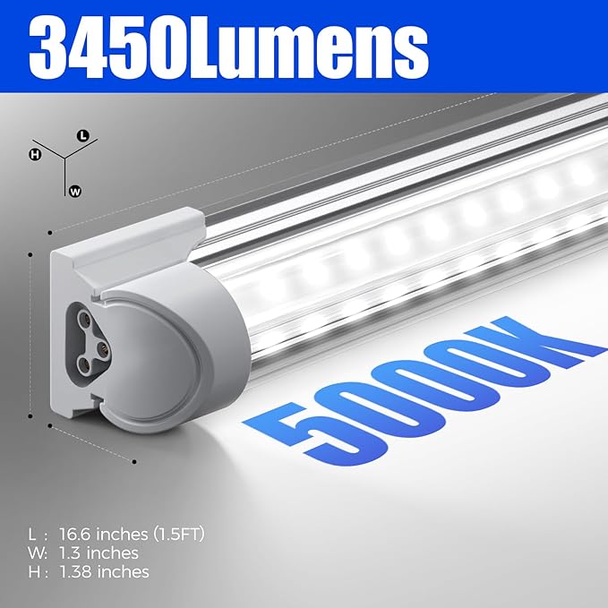 Barrina 5000K 1.5FT LED Shop Light, 3450LM, 25W, T8 Under Cabinet Lighting, Workbench, Workshop, Room, Kitchen, Tube Light, Linkable Ceiling Lights Fixture with Built-in ON/Off Switch, ETL, 2 Packs