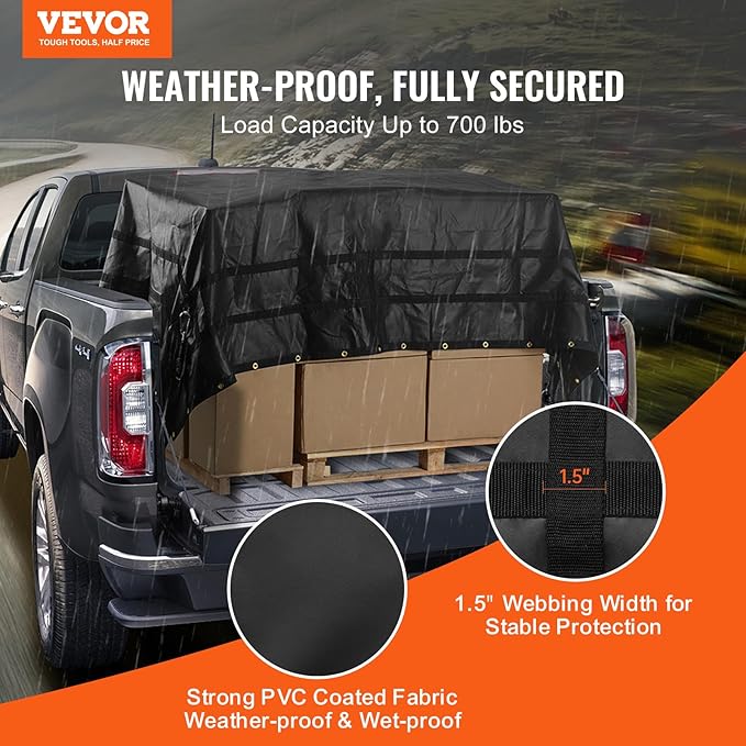 VEVOR Waterproof Cargo Net, 120 in x 105 in, Heavy Duty Truck Cargo Net-(WLL) 700lbs, 4 Adjustable Straps with Carabiners & S-Hooks, Truck Bed Cover for Trailer, Pickup, Boat, Jeep, SUV 8.75’x10’