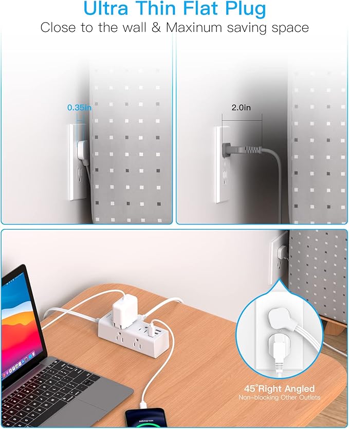 20Ft Extension Cord with Multiple Outlets, Flat Plug Power Strip Surge Protector with 20 Ft Long Cord, 6 Outlet 3 USB Ports (1 USB C), Multi Outlet Wall Plug for Travel, College, Dorm Room Essentials