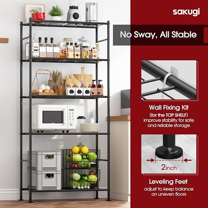 Sakugi Storage Racks - 2 Pack, 5-Tier Freestanding Steel Shelving Units with Reinforced Frame, Adjustable Garage Organization Shelves for Warehouse, Basement, Workshop, 33.5" x 12.6" x 72", Black
