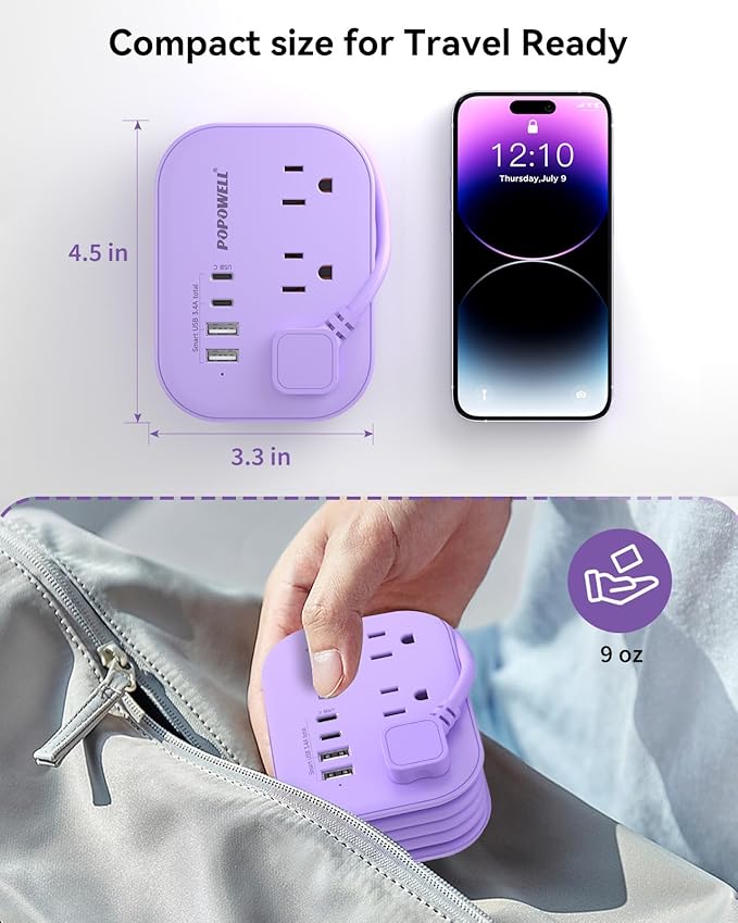 Purple Extension Cord-, 5 FT Kawaii Travel Power Strip, 1250W Cute Extension Cord with 3 AC Outlet 4 USB Desktop Charging Station, Purple Desk Accessories for Cruise Essentials, Travel, Home, Dorm.