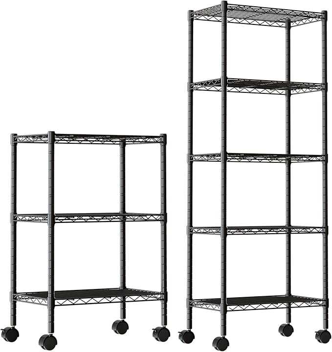 DUMOS 2 Pack 3Tier 5Tier Metal Shelving, Heavy Duty Shelves Wire Shelving Unit with Removable Wheel Casters, Shelves Organizer for Bathroom Garage Living Room Kitchen Pantry Laundry