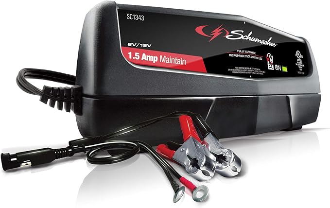 Schumacher Electric 1.5A Car Battery Charger and Maintainer, 3-in-1 Solution, for 6V/12V Batteries Power Sport, Automotive, and Marine Batteries, SC1343